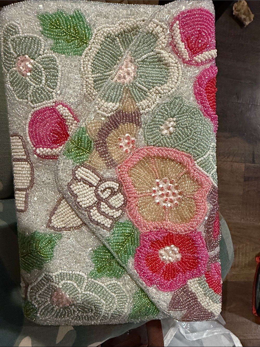 Beaded Floral Clutch in Pink, Green and Cream